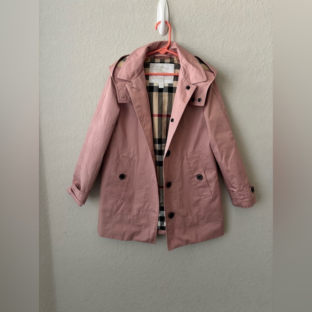Burberry Dusty Pink Hooded Cotton Trench Coat Size 8Y